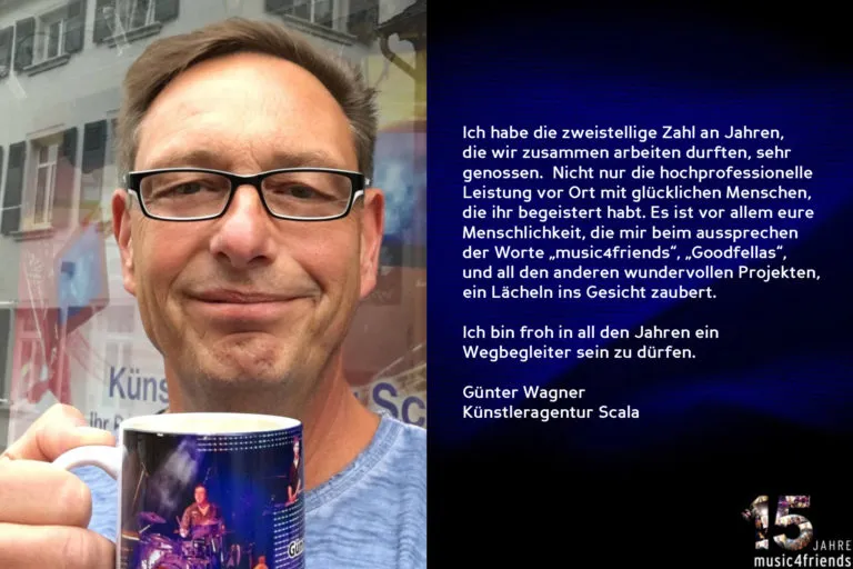 Glückwünsche zum 15-jährigen Jubiläum von Music4Friends als Wegbegleiter.